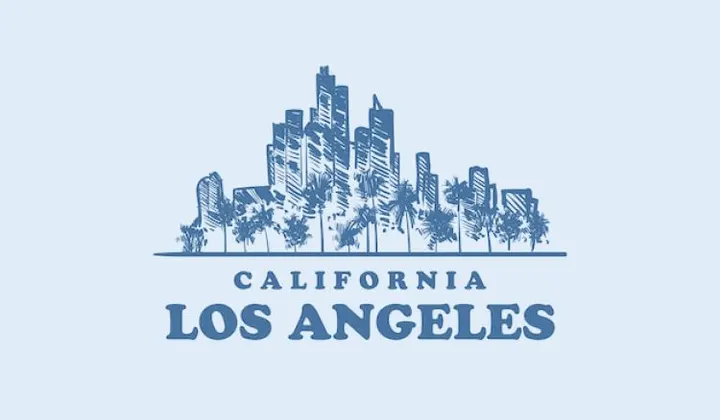 Hand-drawn sketch of the Los Angeles skyline with palm trees, tinted brand blue